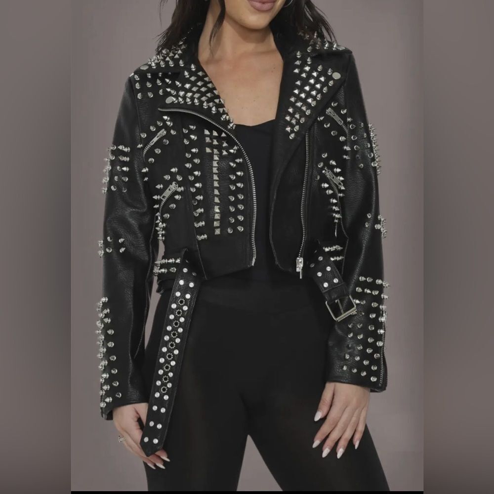 SOLD-JACKET- Black Studded Motorcycle / Biker Jacket - Picture 3 of 5